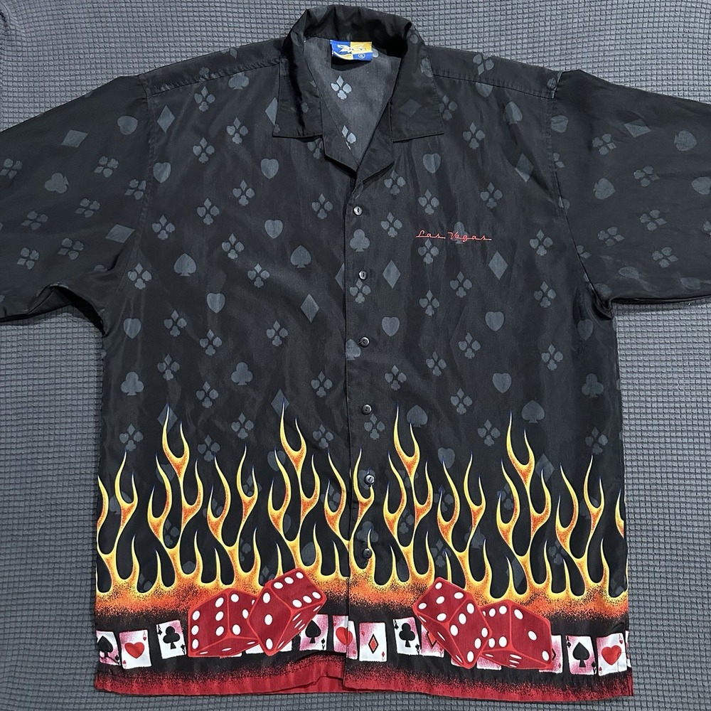 Las Vegas Poker Flame Shirt Men's XL Casino Dice Cards Button Front XNT Retro